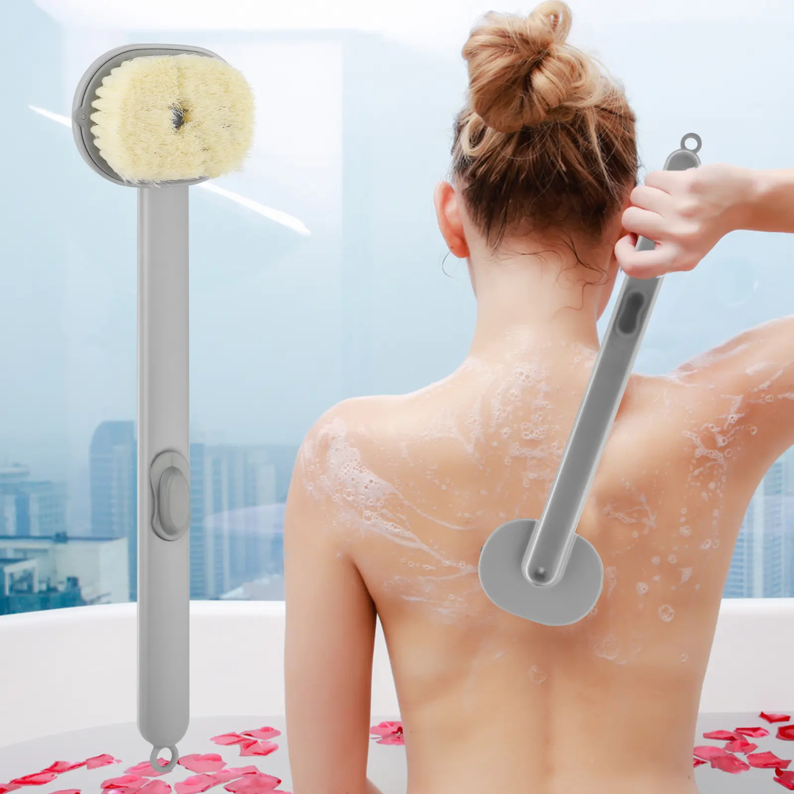 Long Handle Back Scrubber with Detachable Head - Multifunction Liquid Bath Brush,Soft Exfoliation Body Shower Brush,Skin Cleaning Tool for Women,Men,Elderly