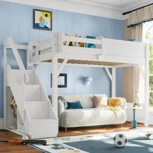 Bellemave   Loft Bed with Built-in Wardrobe and Storage Space, Solid Wood Loft Bed with Beside Shelves, Full-length Guardrails and Stairs, No Box Spring Needed