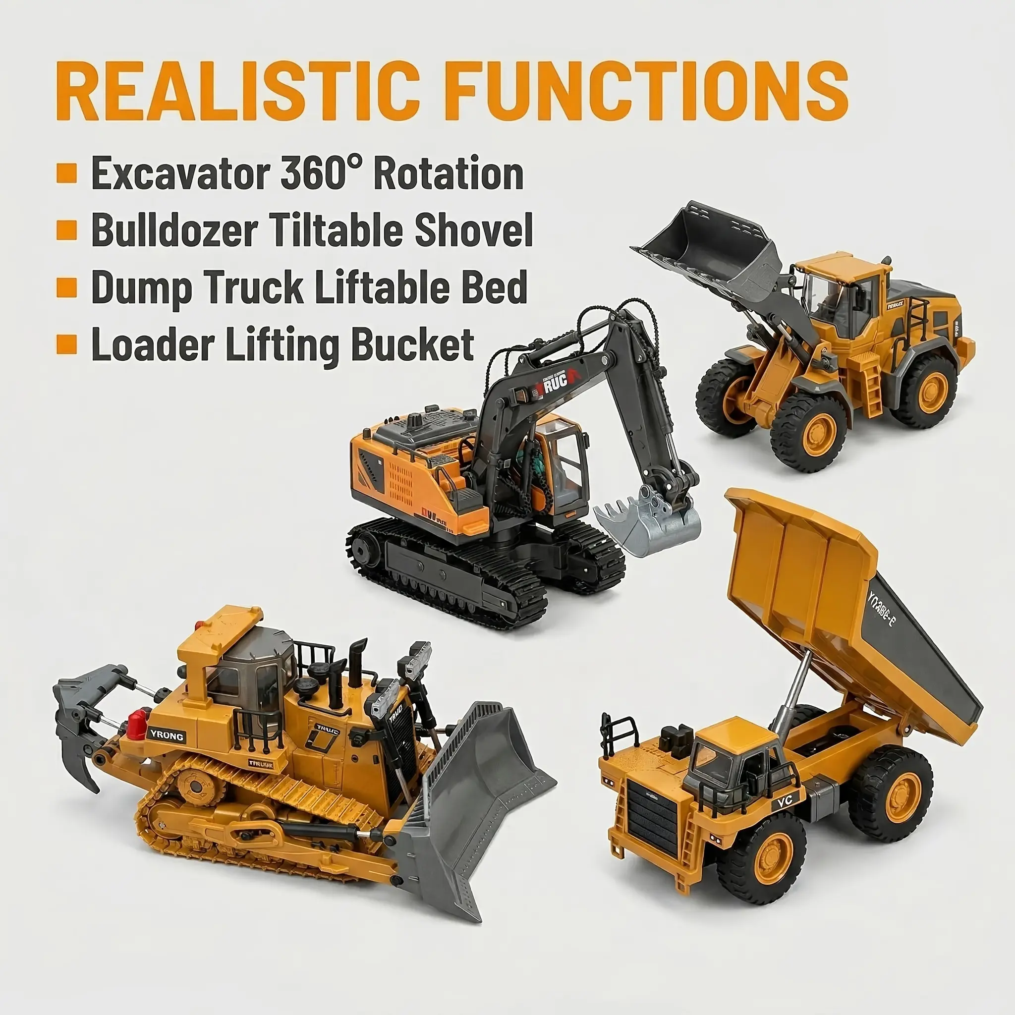 SUPERMELER 4pcs/3pcs/2pcs Set Remote Control Engineering Vehicle Set, 2.4G High-tech 11-channel Remote Control Excavator Dump Truck Bulldozer Alloy Plastic Engineering Vehicle Remote Control Construction Toy Car Set-lingkun