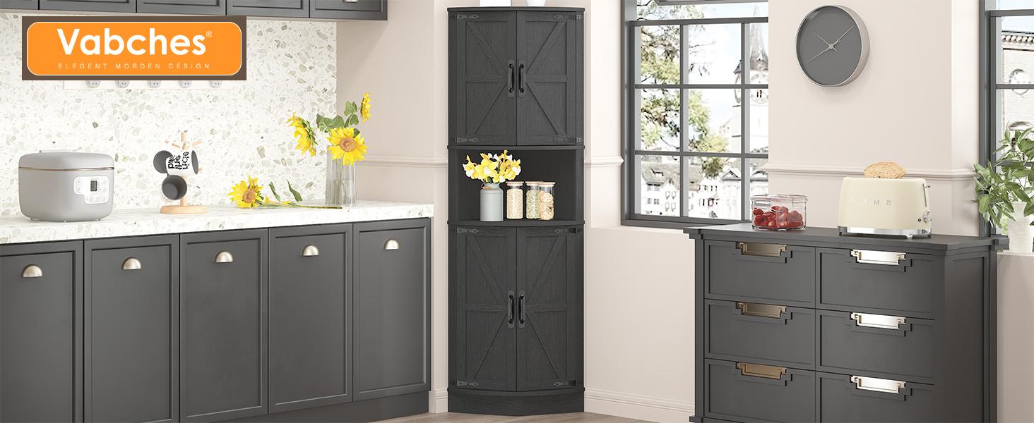 Vabches 64.8" Tall Farmhouse Corner Cabinet with 4 Doors and 5 Storage Shelves, Farmhouse Storage Cabinet with Barn Door Design, Home Space Saver for Living Room, Kitchen, Laundry Room