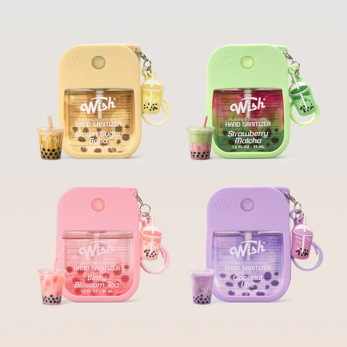 Wish Hand Sanitizer Spray 4-Pack - Hydrating Aloe Moisturizer Beauty Products with Strawberry, Coconut, Berry, Floral Boba Tea Scents, Travel-Size 1.2 fl oz Set with Keychain & Charm, Travel Set, Clip, Liquid, Handspray, Mini Travel Products