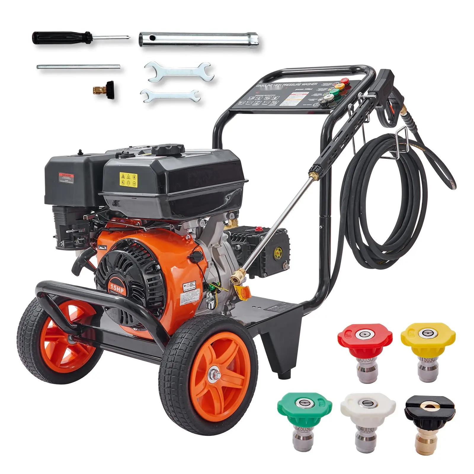 Gas Pressure Washer 4400 PSI, 4.0 GPM, Gas Powered, Copper Pump, Includes Spray Gun, Extension Wand, Five Quick-Connect Nozzles, Detergent Bottle, Ideal For Cleaning Cars, Homes, Driveways, Patios and Siding