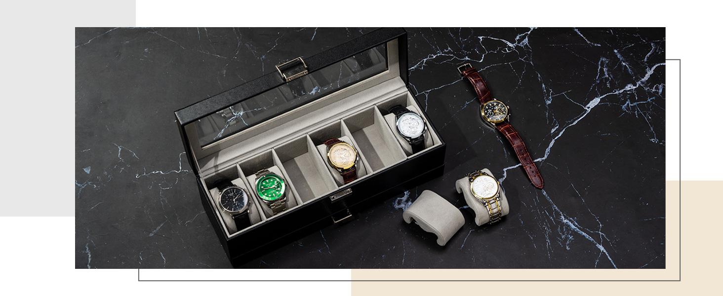 Watch Box Organizer for Men, 6 Slot Watch Display Case with Drawer, Father's Day Gift