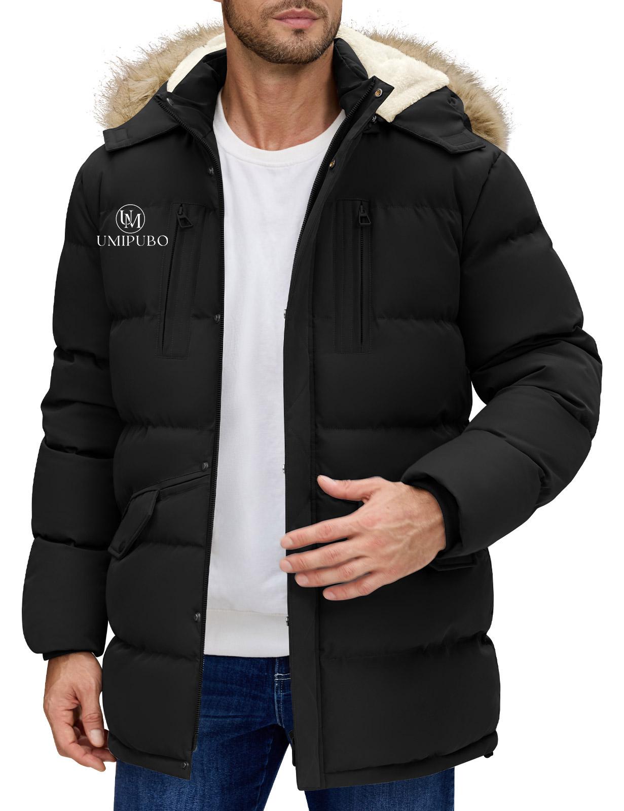 UMIPUBO Men's Winter Warm Jacket Long Puffy Thicken Padded Coat Fleece Windproof Parka Outerwear with Detachable Hood
