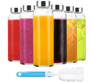 Set of 6 Clear Glass Bottles with Lids, Reusable Bottles with Stainless Steel Cap for Refrigerator, 18Oz