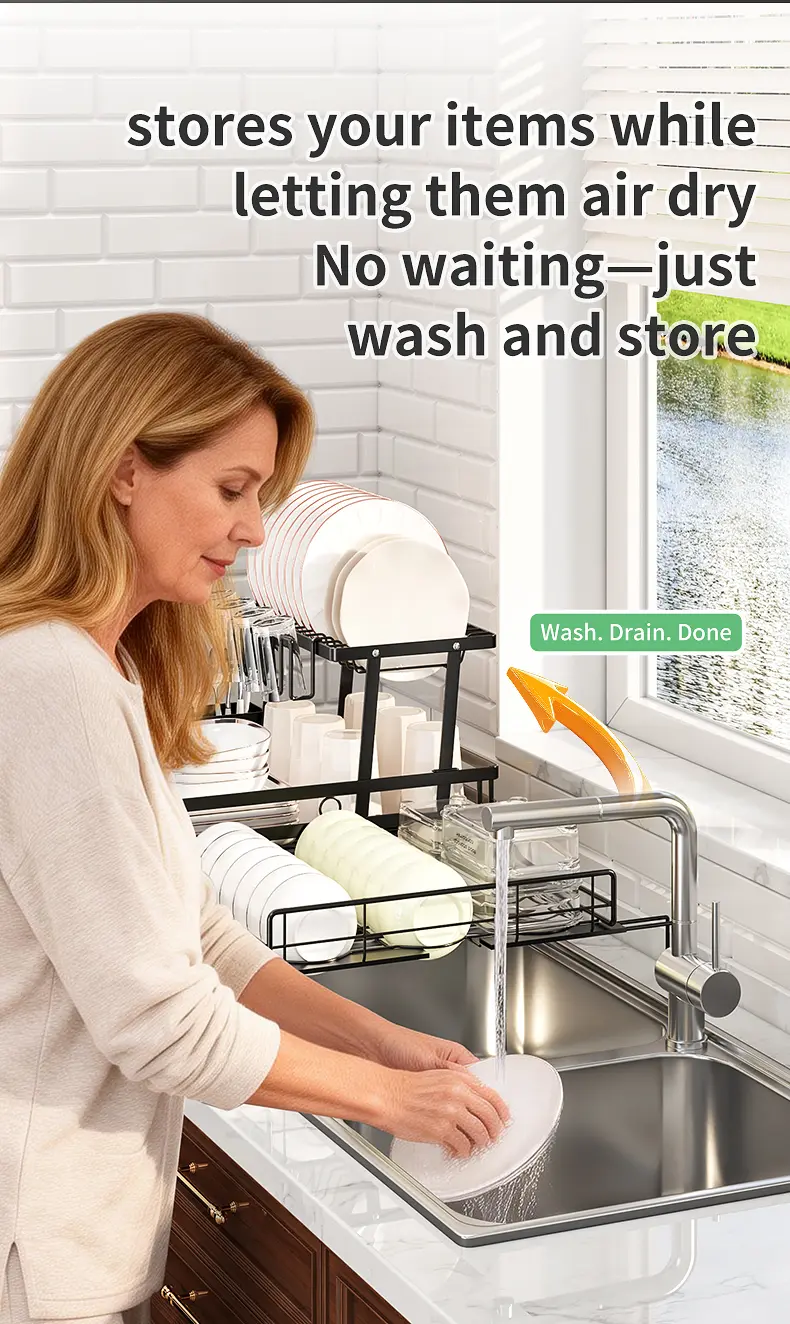 Seashark Foldable Over-Sink Countertop Dish Rack - Pull-Out 2-Tier Dish Drainer with Removable Utensil Holder, Adjustable Organiser, 360° Sink Drain for Small Kitchens, Home Goods, Apartment Stuff, Small Room Organization Products