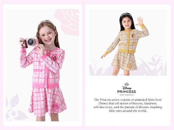 Disney Frozen Elsa Stitch Moana Minnie Toddler Girls 2 Piece Set Pearl Buttoned Knit Top Tweed Skirt Outfit for Kids Aged 2-7 Girly，SprIngGIowUp ,RefreshedLook