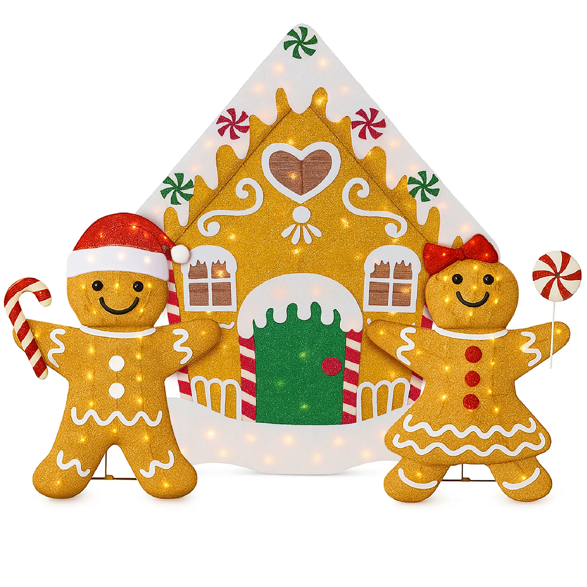 Best Choice Products 3pc Gingerbread Man Family 2D Christmas Yard Decor, 4ft Light Up Holiday Lawn Decoration w/House, 185 LED Lights