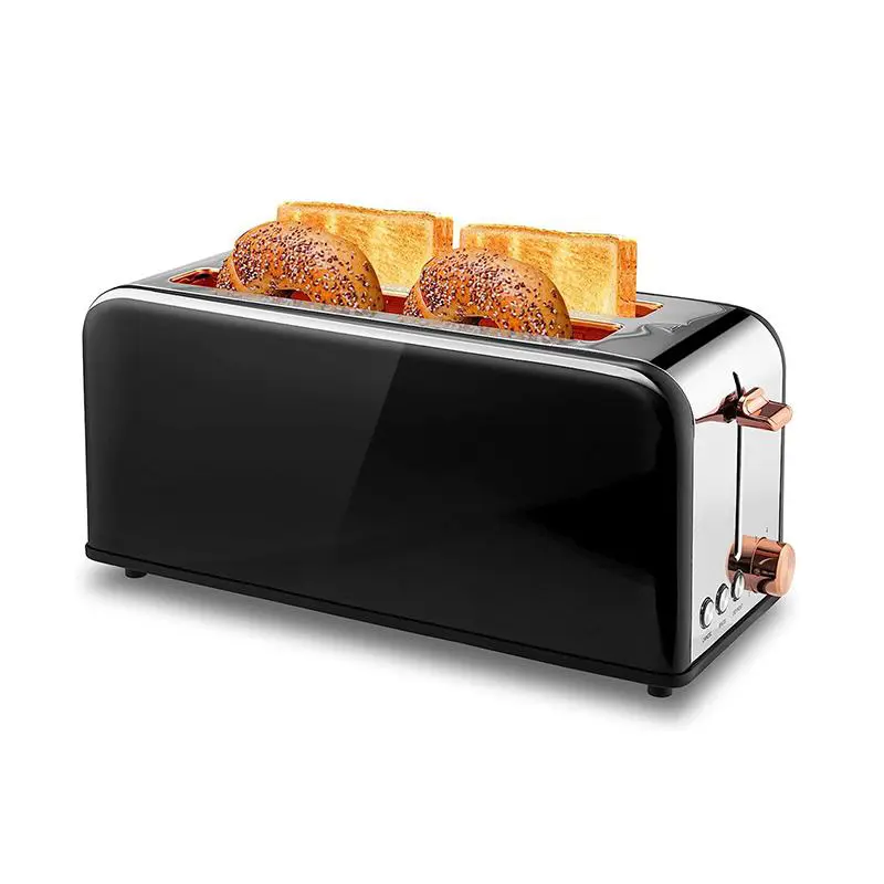 Pukomc Stainless Steel 4-Slice Toaster with 2 Wide Long Slots, 6 Browning Levels, Removable Tray, Cancel/Bagel/Defrost Functions, 1500W WT-8500 Black Home Kitchen Appliance – No LED Display, Bread Lever Lift, Kitchen Appliances