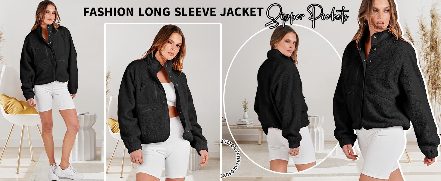 Naeduo Women's Fuzzy Sherpa Fleece Jacket Black Fitted Casual Outerwear with Side Pockets High Collar Adjustable Drawstring Hem Front Zipper Closure Basic Winter Jacket for Fall & Daily Wear Long Sleeve Minimalist Coats