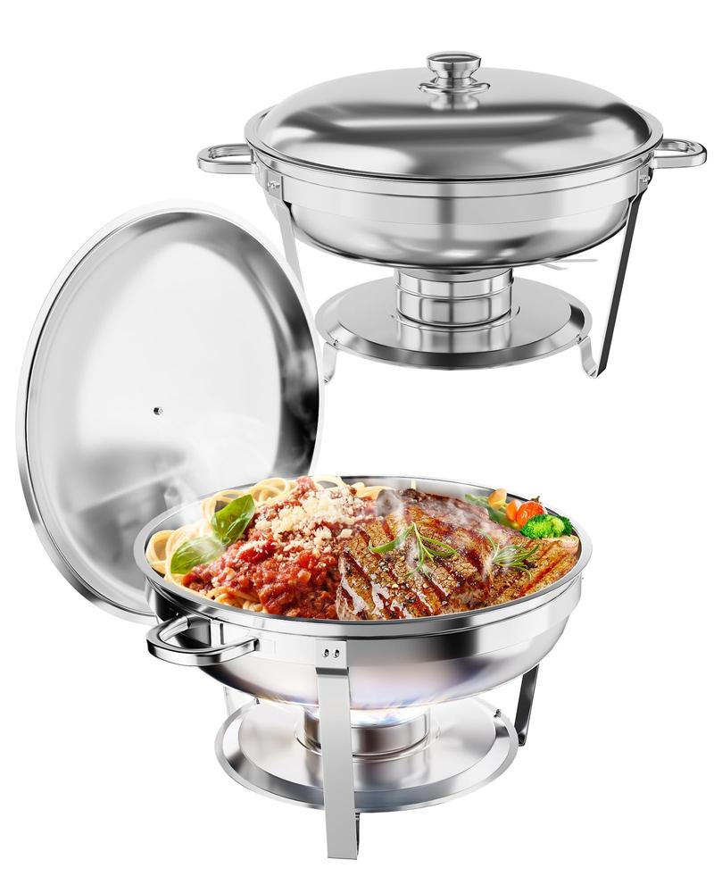 【GARVEE】Professional Stainless Steel Chafing Dish 5QT Round Buffet Server & Warmer Rust Resistant Casserole Cooking Container 2 4 or 6 Pack Options