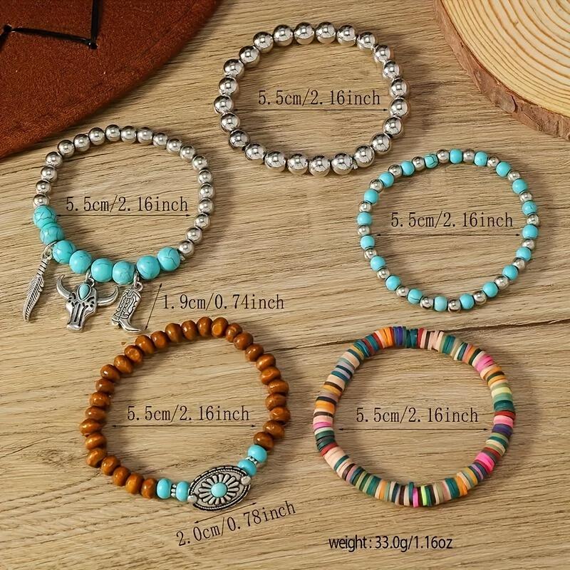 5pcs Elegant Beaded Stretch Bracelet For Women With Turquoise Stone Handmade Beaded Bracelet Retro Pendant Chain Set Charms - Boho Chic Multiple Color Elastic Bead Stackable Bracelets For Daily Wear Fashion Jewelry Set