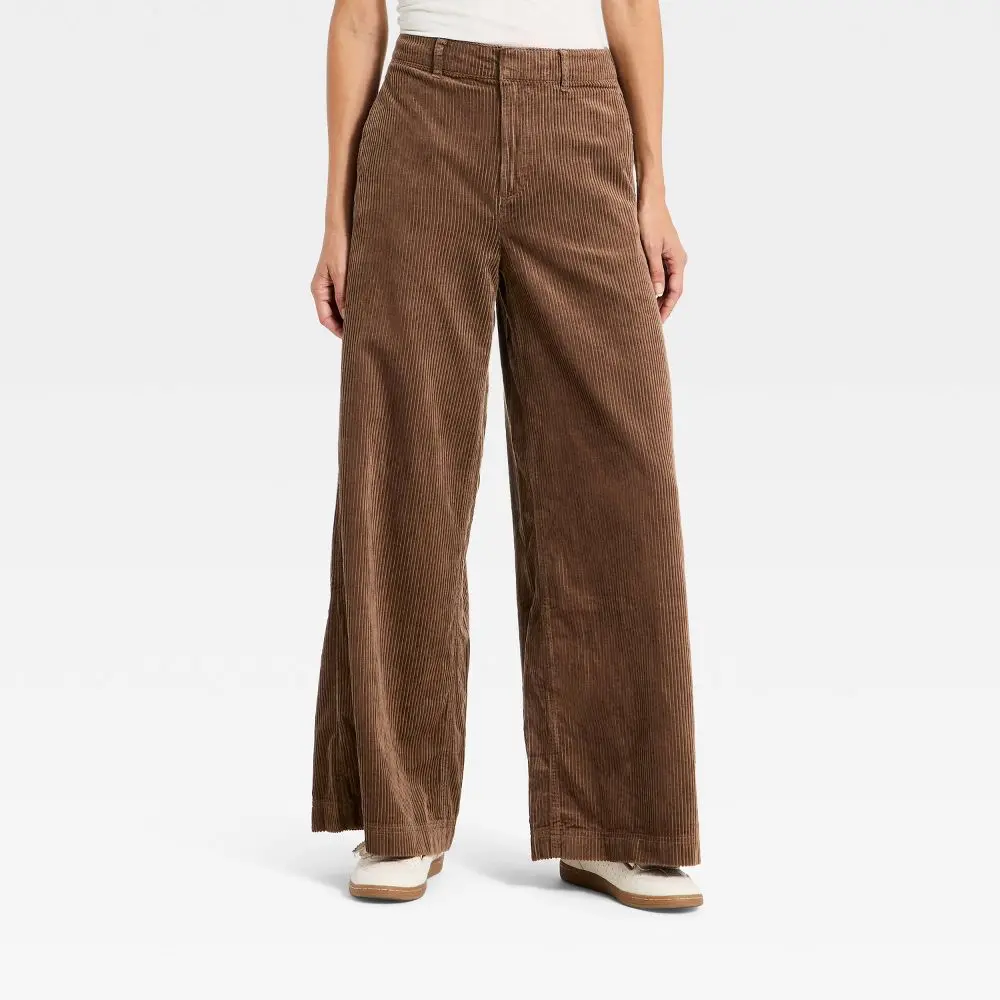 Women's High-Rise Corduroy Palazzo Pants, Lady's Garment Bottom with Rayon Fabric and Zipper Closure