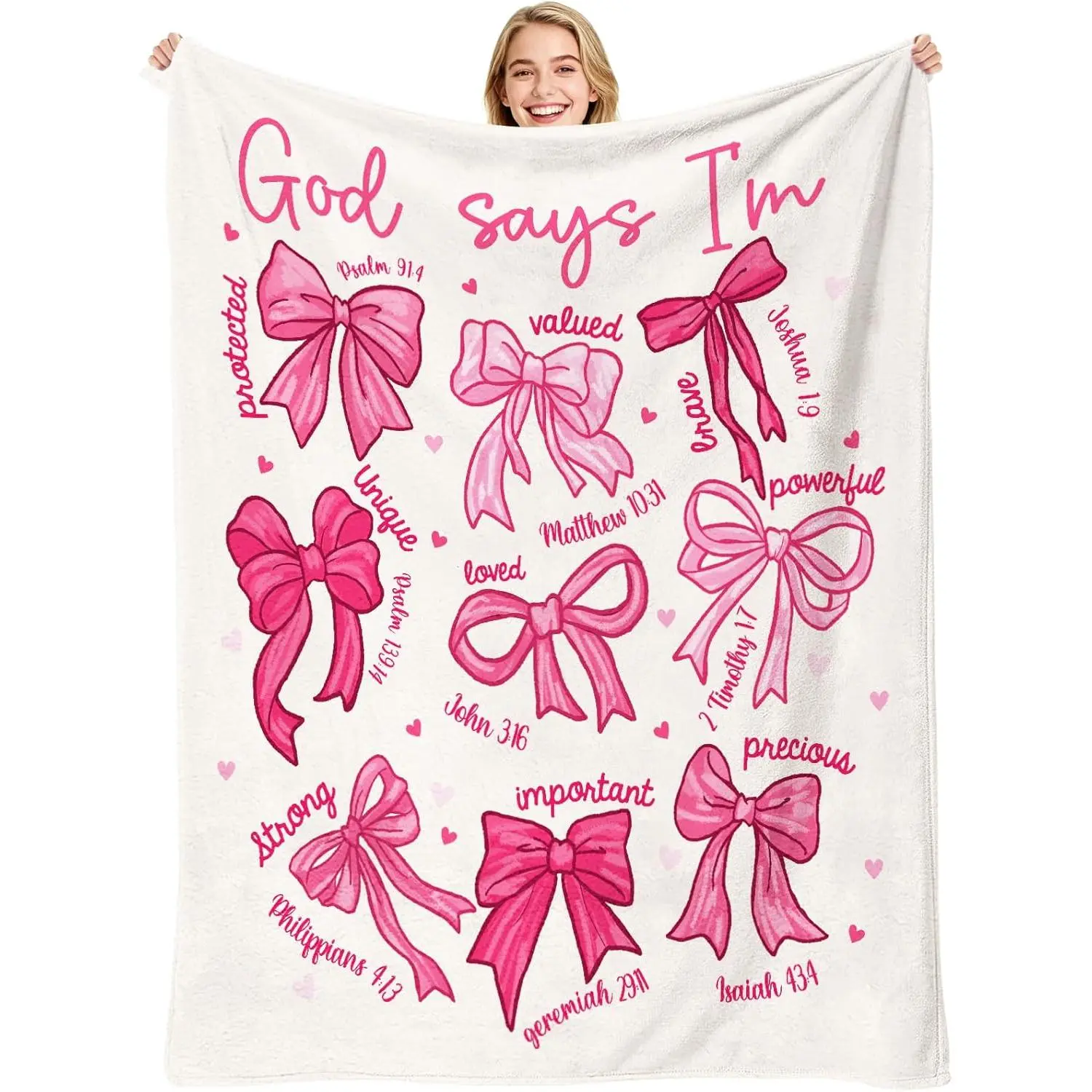 Pink Bow Christian Throw Blanket – "God Says I Am" Bible Verse Flannel Blanket – Coquette Style Inspirational Gift for Women, Girls, Daughter – Jesus Faith Prayer Blanket for Home, Sofa, Bedroom – Religious Decor for Christian Girls