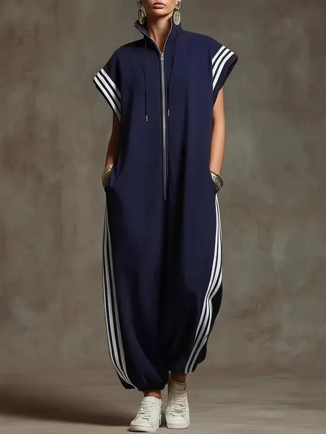 Women's 2026 New Summer Loose Sleeveless Contrast-Color Split-Joint Striped Zipper Stand-Collar Jumpsuits with Ninth Pants, Womenswear Overalls