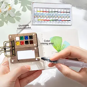 Mini Watercolor Kit, Mini Watercolor Set with Picture Book, Pocket Artist Water Color Travel Set with Colours, Wooden Paint Box for Painters Artists Students (8 Grids) Brush Pens Art Sketchbooks Art Supplies