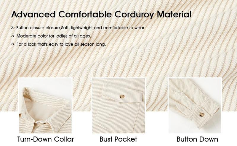 Imily Bela Womens Corduroy Shirts Casual Long Sleeve Button Down Blouses Tunic Babydoll Dress Loose Pocket Jacket Shackets