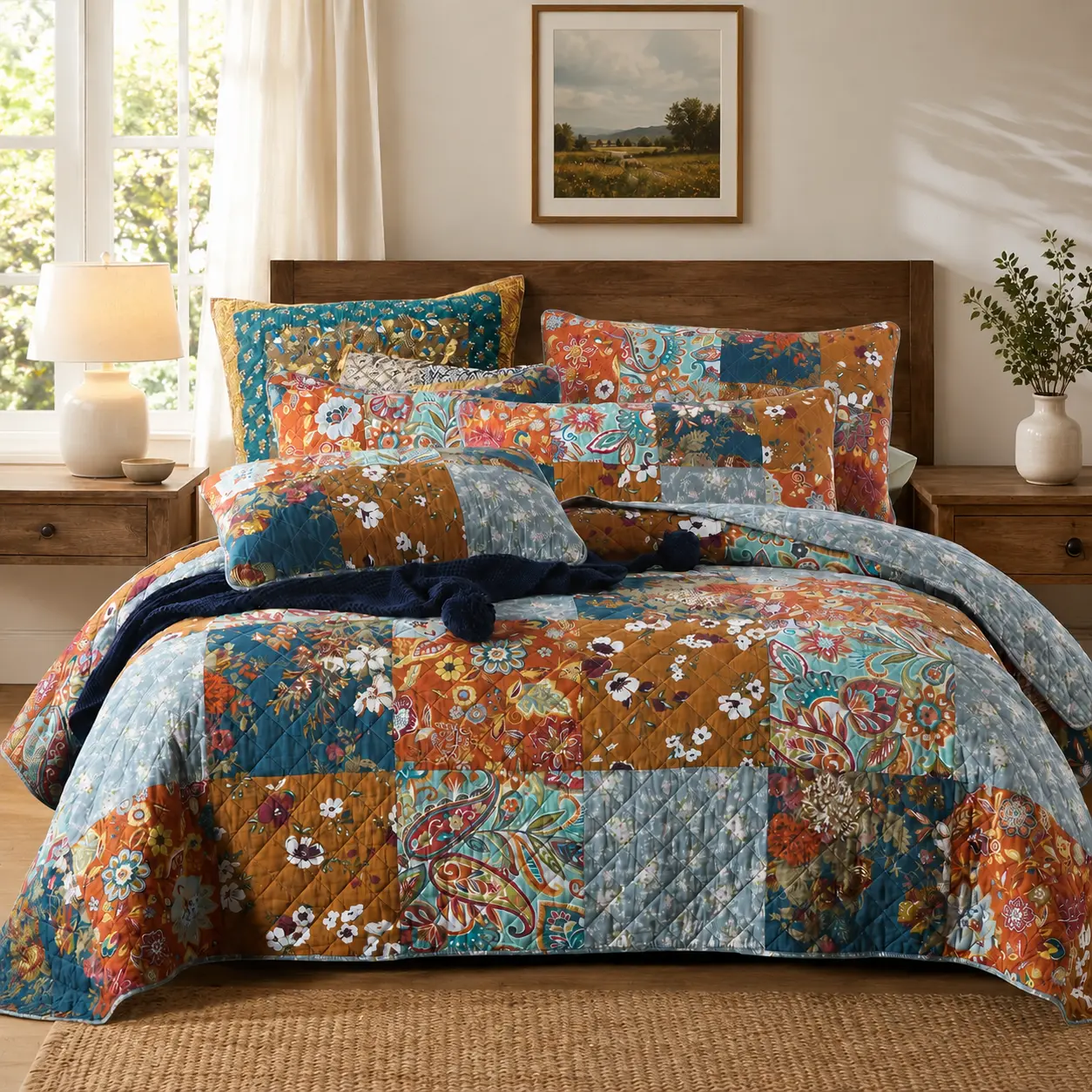 Cotton Bedspread Quilt Sets Reversible Bedding Coverlet Sets 3 Pieces Paisley Vintage Floral Yellow Blue Patchwork Bedspread, Queen Size