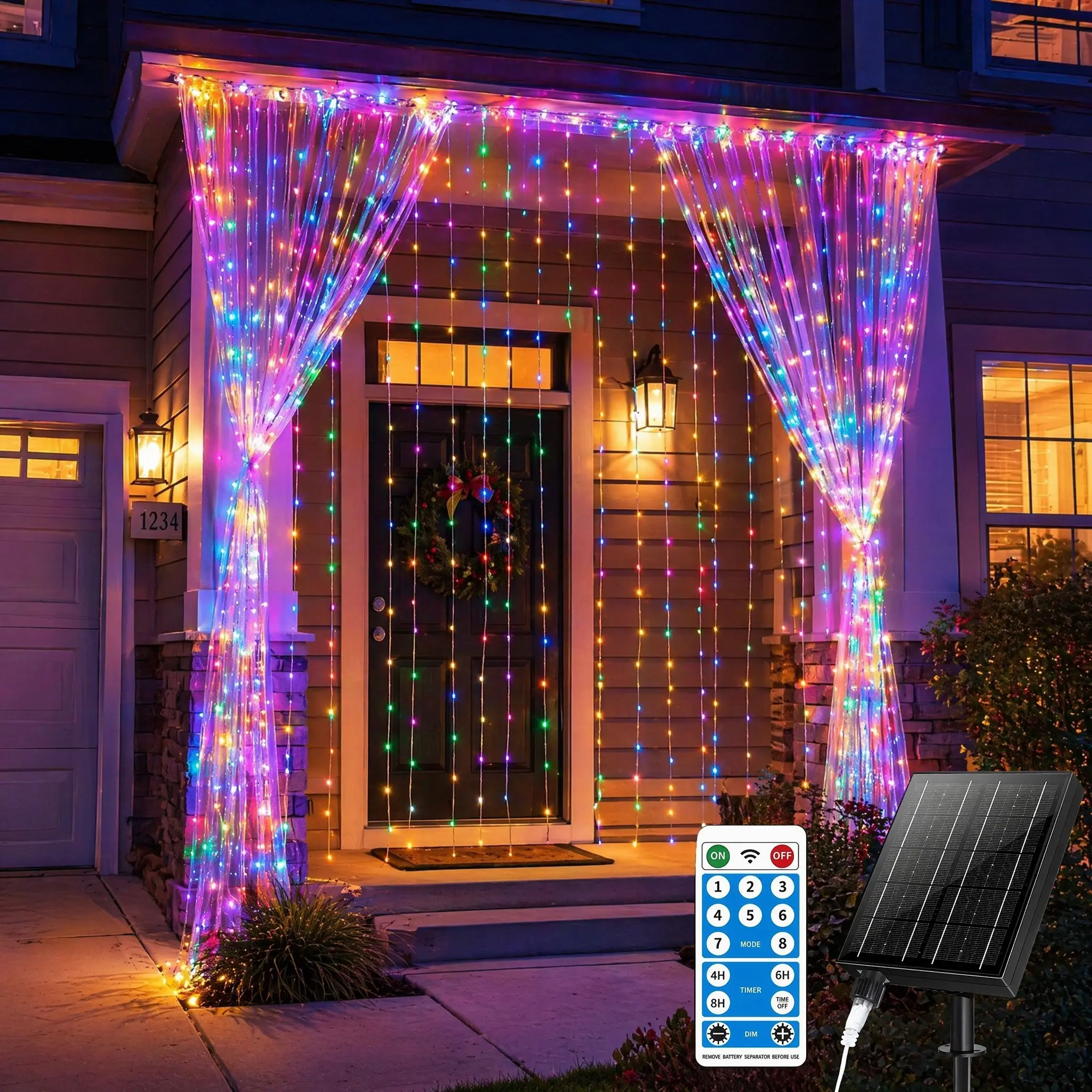 Solar Curtain Lights Outdoor 10 x 10Ft 330LED Waterproof Waterfall Light with 8 Modes Remote USB Rechargeable Dimmable Timer Twinkle Fairy String Lights for Outdoor Christmas Gazebo Wedding Pergola