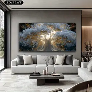 2D/FLAT LargeUnframe-style Modern Canvas Wall Art - Ethereal Tree of Life with Golden Leaves and Flashing Lights, 27.5x 55.1inch (70x 140cm ) Deep Blue and Golden Abstract Tree Poster for Living Room, Bedroom, Home Decor .