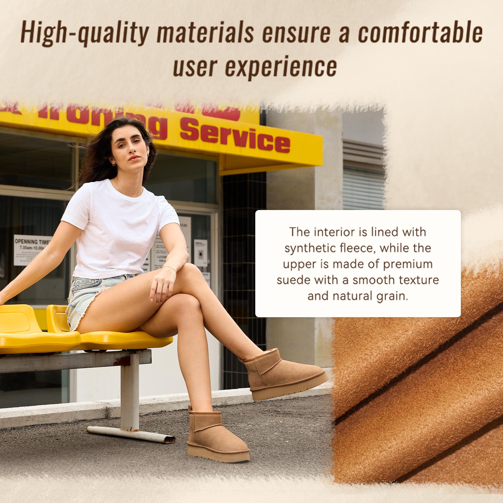 OOW Women's Snow Boots Platform Mini Boots for Women Winter Suede Ankle Boots with Fur Lining Memory Foam Insole Lightweight Anti-Slip EVA Outsole Classic Chunky Walking Shoes