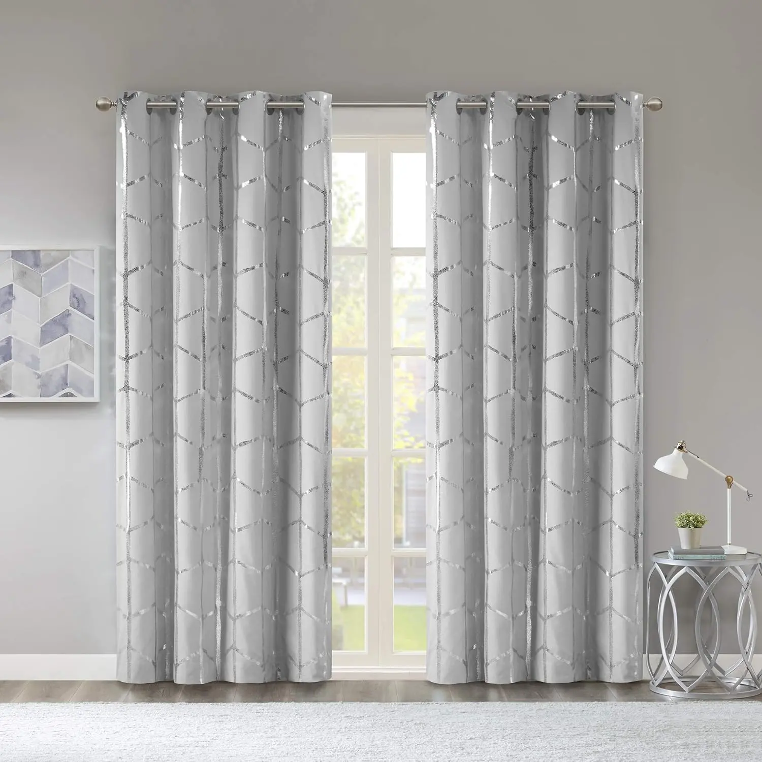 Intelligent Design Raina Geometric Metallic Print Grommet Blackout Curtains - Thermal Insulated, Light Blocking, Easy Install Window Blackout Privacy Curtain, House Decor for Bedroom, Home Goods, Blackout Shade, Room Decor