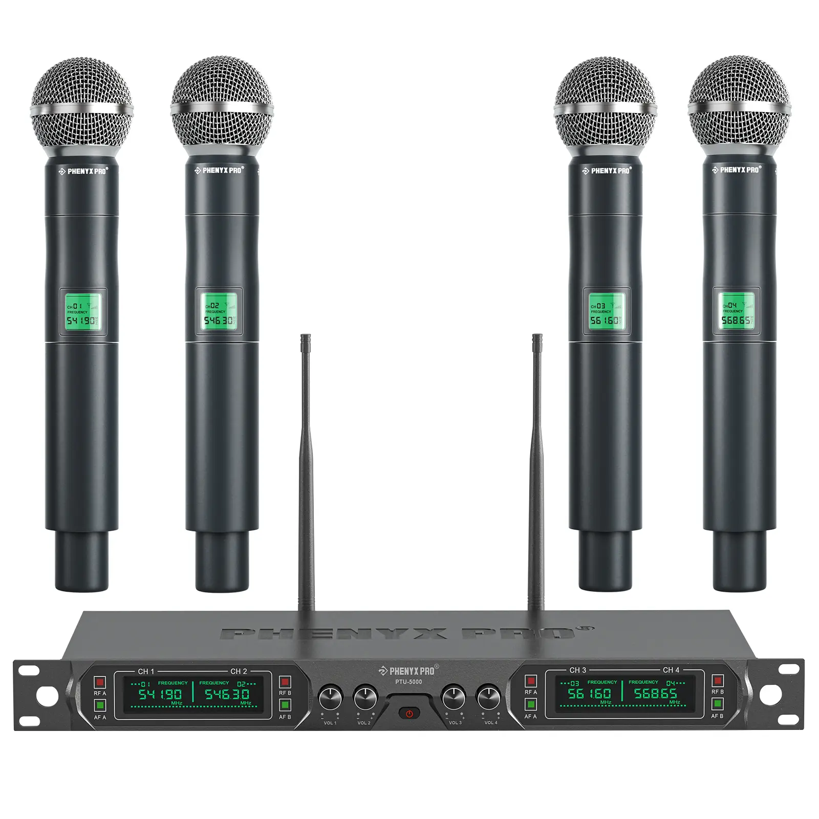 Phenyx Pro PTU-5000-4H 4-Channel UHF Wireless Microphone System - Fixed Frequency Plug-and-Go Cordless Set with 4 Metal Handheld Dynamic Mics, 6.35 mm Jack, 260ft Range, Volume Control for Church Events, Singing