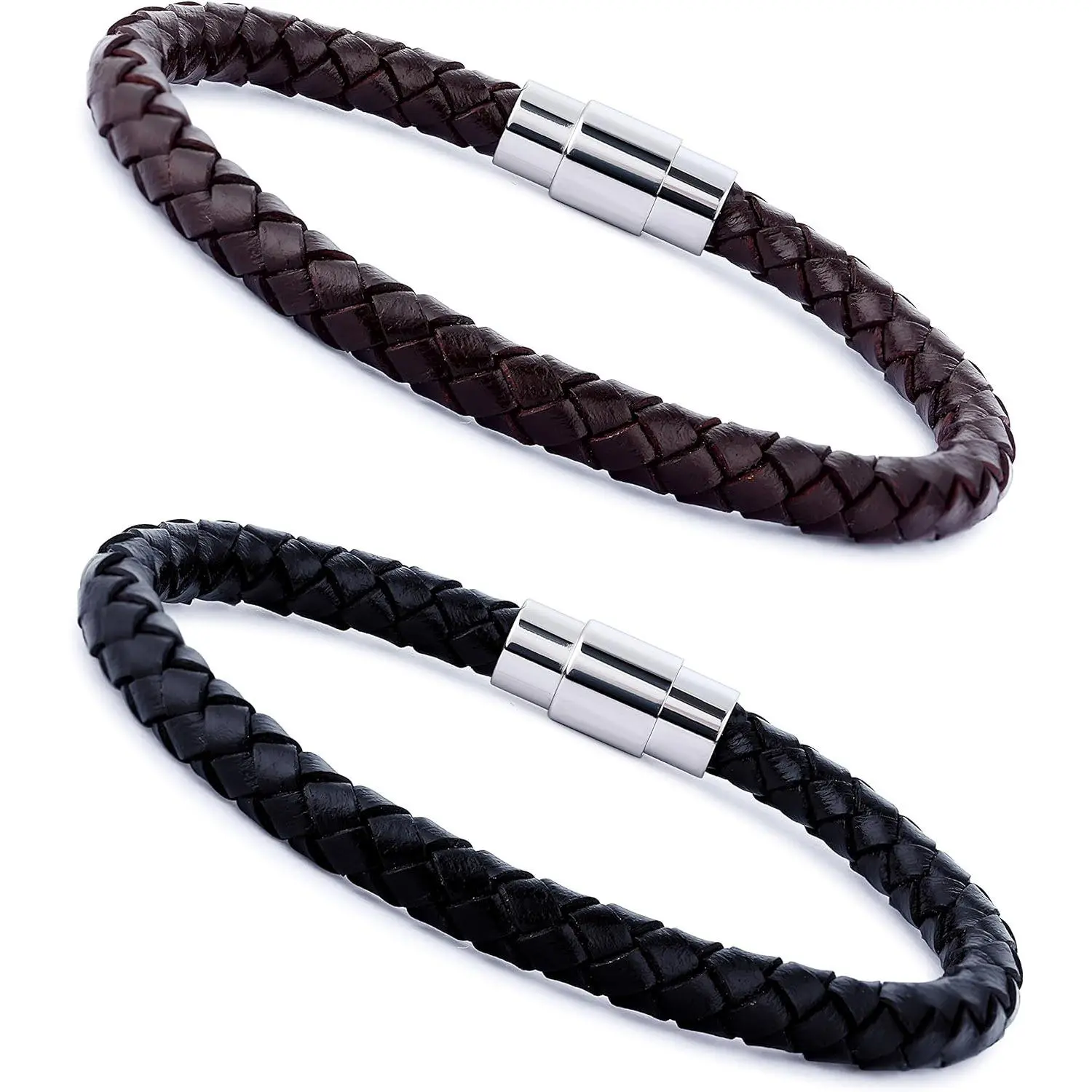 FLORIDECO Unisex 2PCS Adjustable Braided Leather Bracelet Sets for Male, Female & Other Adults - Modern Elegant High-Quality Leather-Metal Band, 7.5-8.5in Stainless Steel Accents Wrist Cuff, Wipe-Clean (Dimensions Included)