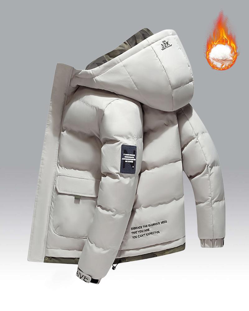 Men's Lightweight Puffy Hoodie – A thick, warm cotton jacket; features a drawstring hood, hook-and-loop fasteners, and a zippered front closure; perfect for various occasions such as commuting to work or going out on the weekend; an essential versatile pi