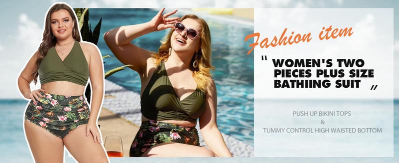 Hanna Nikole Women's Plus Size Halter V Neck Bikini Swimsuits High Waisted Ruched Tummy Control Swimwear #TikTokShopBlackFriday