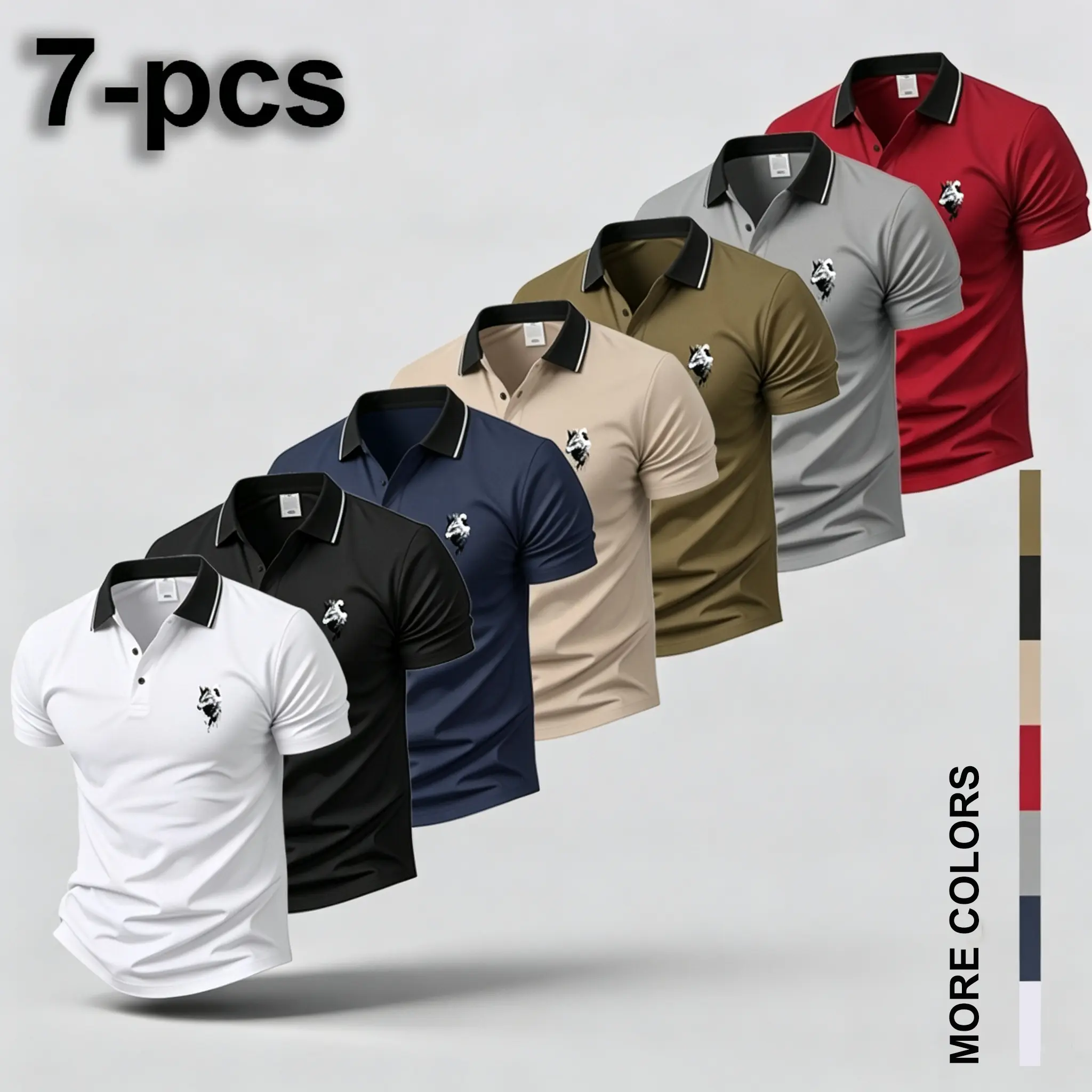 Men's 7-Pack Slim Fit Short Sleeve Polo Shirts with Contrast Collar, Black Lapel, Eagle Print, Breathable, Stretchy, Soft, Lightweight, Quick-Drying, Sporty Chic Smart Casual Style for Casual, Golf Wear
