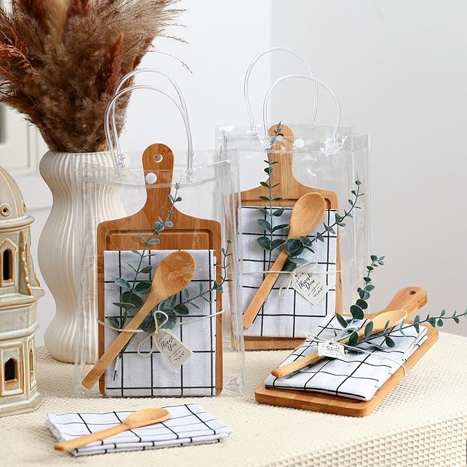 6 Pcs Valentine Mini Cheese Board Baby Shower Prizes Set Cutting Board with Bamboo Spoon Plaid Towel Artificial Eucalyptus Stems Tag Bag Thank You Gift Box for Couple Teacher Guest,Wedding Party Bridal Shower Favors Supplied,Anniversary Birthday Gift