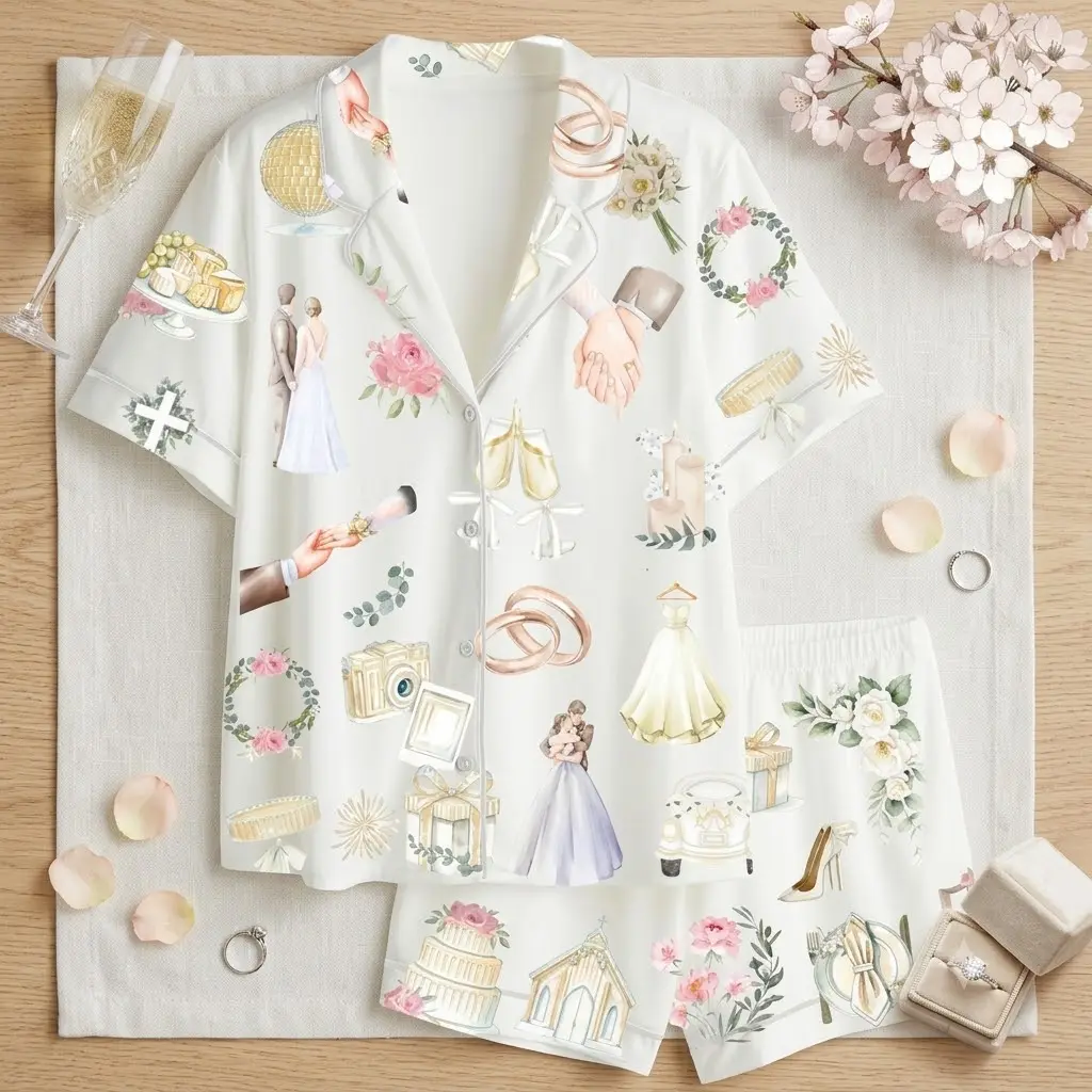 Watercolor Wedding Pajamas Set, Elegant Bride Pajama, Matching Bridesmaid Pjs, Short Sleeve Button Down Loungewear, Bridal Shower Gift, Wedding Morning Getting Ready Outfit, Classic Bride To Be Sleepwear, Cute Champagne Cake Floral Nightwear for Women