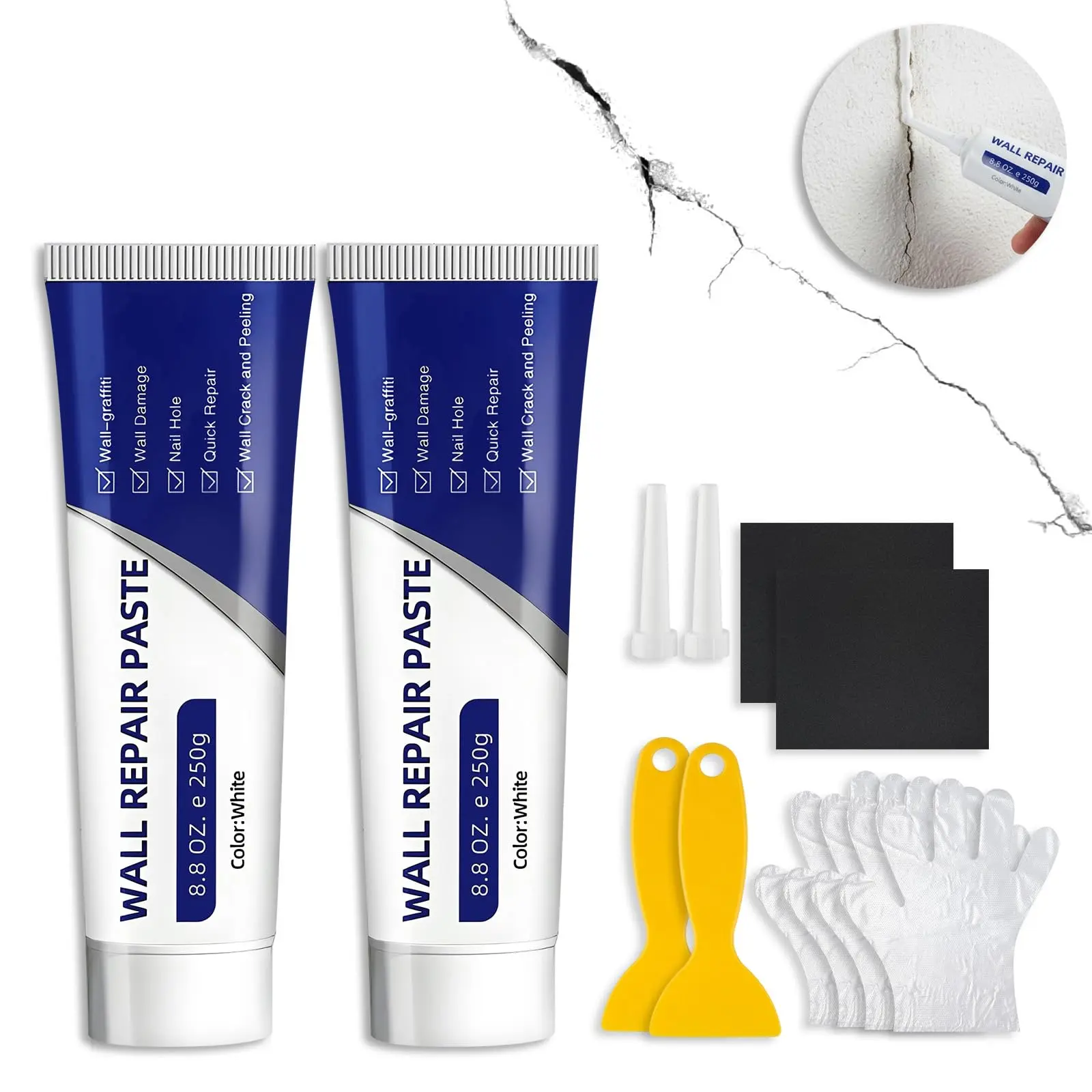 Drywall Repair Kit, 2 Pcs Spackle Wall Repair Kit, New Wall Crack Repair Paste, Wall Repair Paste Tube with Scraper/Sandpaper, Effective Repair of Scratches, Holes, Cracks and Wall Graffiti (2*250g)