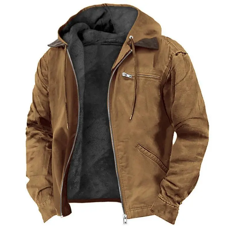 Solid Color Hooded Cotton Jacket Casual Men's Fleece Zipper Pocket Jacket Coat Menswear Tops Khaki Black Outdoor OverallGift
