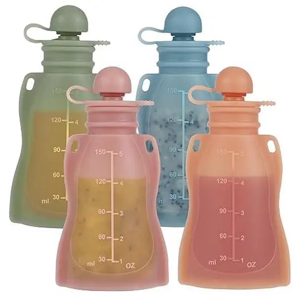 Reusable Baby Food Pouches 4 Pack with Straws Refillable Silicone Squeeze Pouches for Toddlers & Kids, BPA Free Baby Food Storage Containers for Homemade Purees Yogurt & Smoothies 5 oz