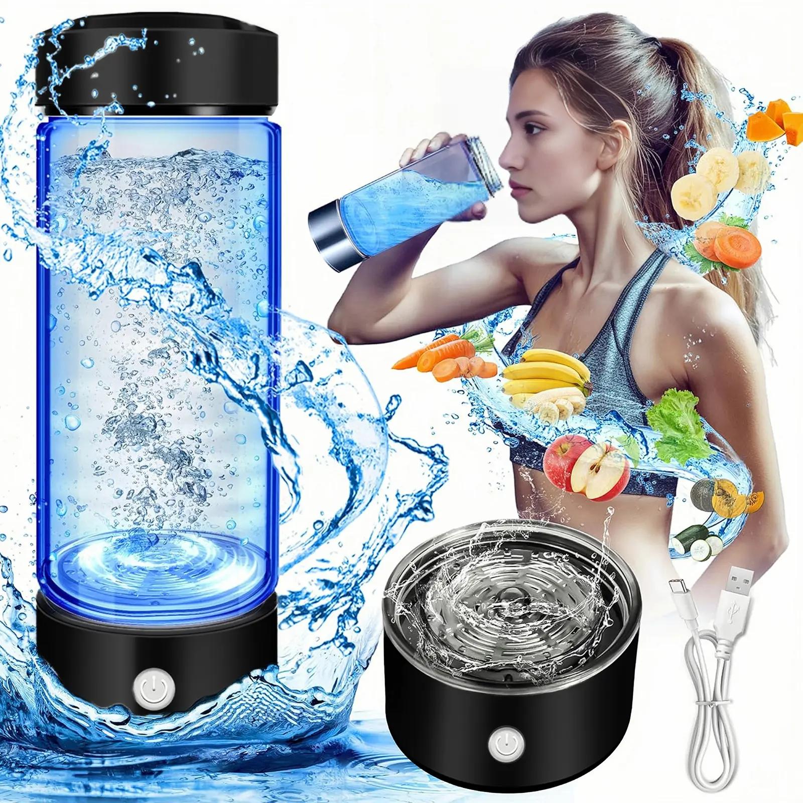 14 oz Portable Hydrogen Water Bottle Generator with PEM-SPE Technology, USB Rechargeable Hydrogen Water Ionizer Cup, Produces up to 3000 ppb Hydrogen in 3 Minutes for Home, Gym, Office & Travel