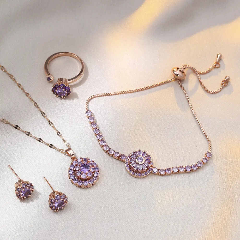 Purple Micro Paved Costume Jewelry Set for Women, 5-Piece Zircon Gift Set with Rotating Pendant Clavicle Necklace, Earrings, Ring, and Bracelet, Necklaces Earrings Set