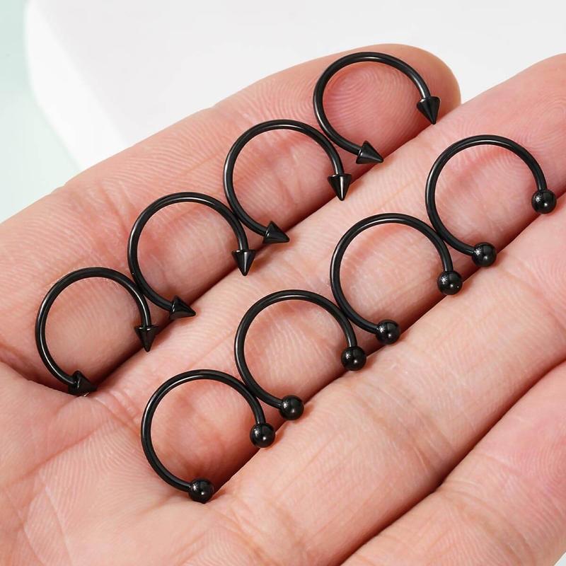 Oufer 8PCS Horseshoe Septum Nose Piercing Ring 316L Stainless Steel Silver Black Gold 8mm 10mm 12mm Hypoallergenic Classic Ball Closures Bold Spike Designs