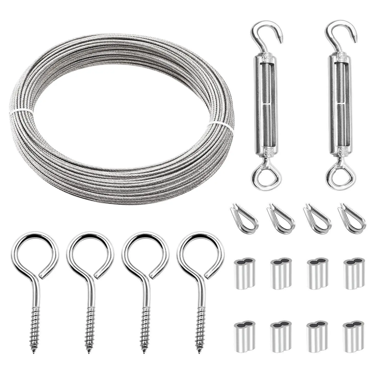 1 set 66FT 1/16" Turnbuckle Wire Tensioner Kit M5 Hook and Eye Turnbuckle Kit Heavy Turnbuckle Cable Railing Kit 20M Stainless Steel Cable Wire Rope for Railings Hanging Outdoor Lights Clotheslines