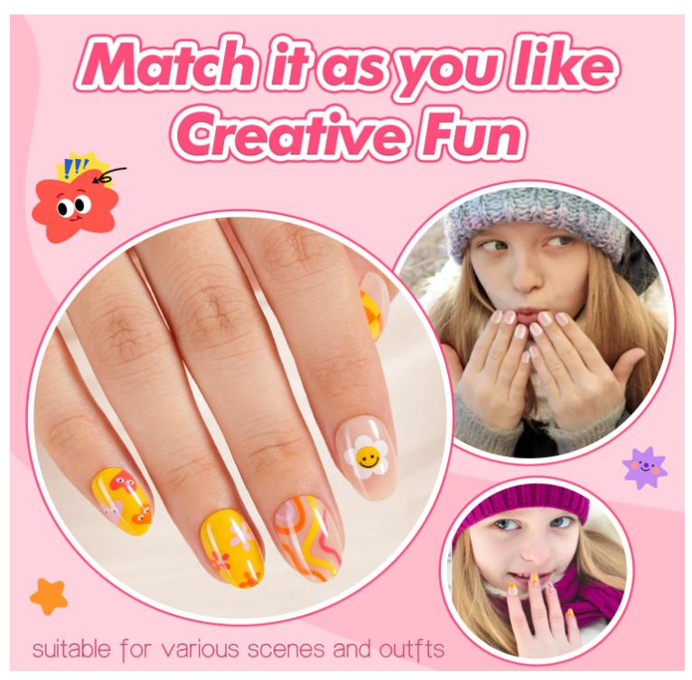 Misssix 78 Pcs Press on Nails for Kids, 3 Pack Kid Fake Nail Kit Cute Press on Nails, Old Colorful Flower Glue On Nails Stick On Nails for Girls 8-12 Years