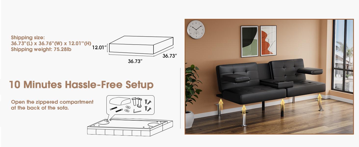 Futon Sofa Bed, Leather Futon Couch with Removable Armrests, Adjustable Recliner Sleeper Sofa Bed with Dual Cup Holders for Living Room, Apartment, Office (Black)