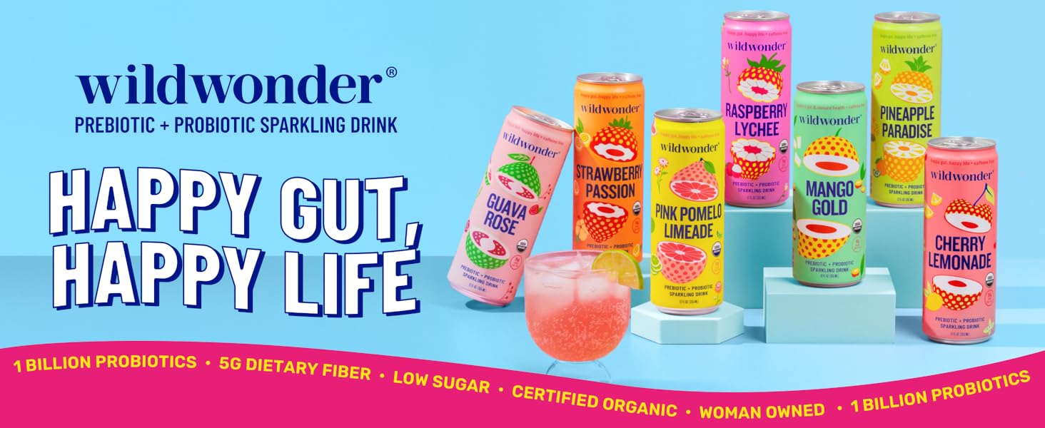wildwonder Sparkling Probiotic Fruit Beverage, 6-12pk, Healthy Prebiotic Soda Beverage for Gut Health, 5g Prebiotic Fiber, Live Probiotics, Organic, Vegan, Low Sugar,summerwins