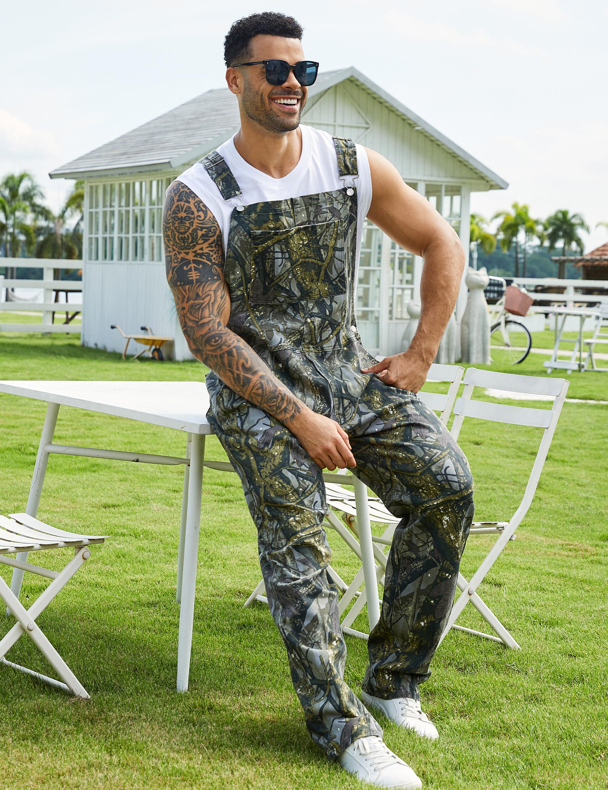 Yuanbang Stretchy Men's Camo Overalls Denim Spring Hunting Bib Turkey Season Gear Outdoor Workwear Fashion Pattern Coveralls Y2k Menswear Daily Outfits Camouflage Romper Country Stuff Clothes Adjustable Straps Jumpsuit Casual Pants Valentine's Gifts Sprin