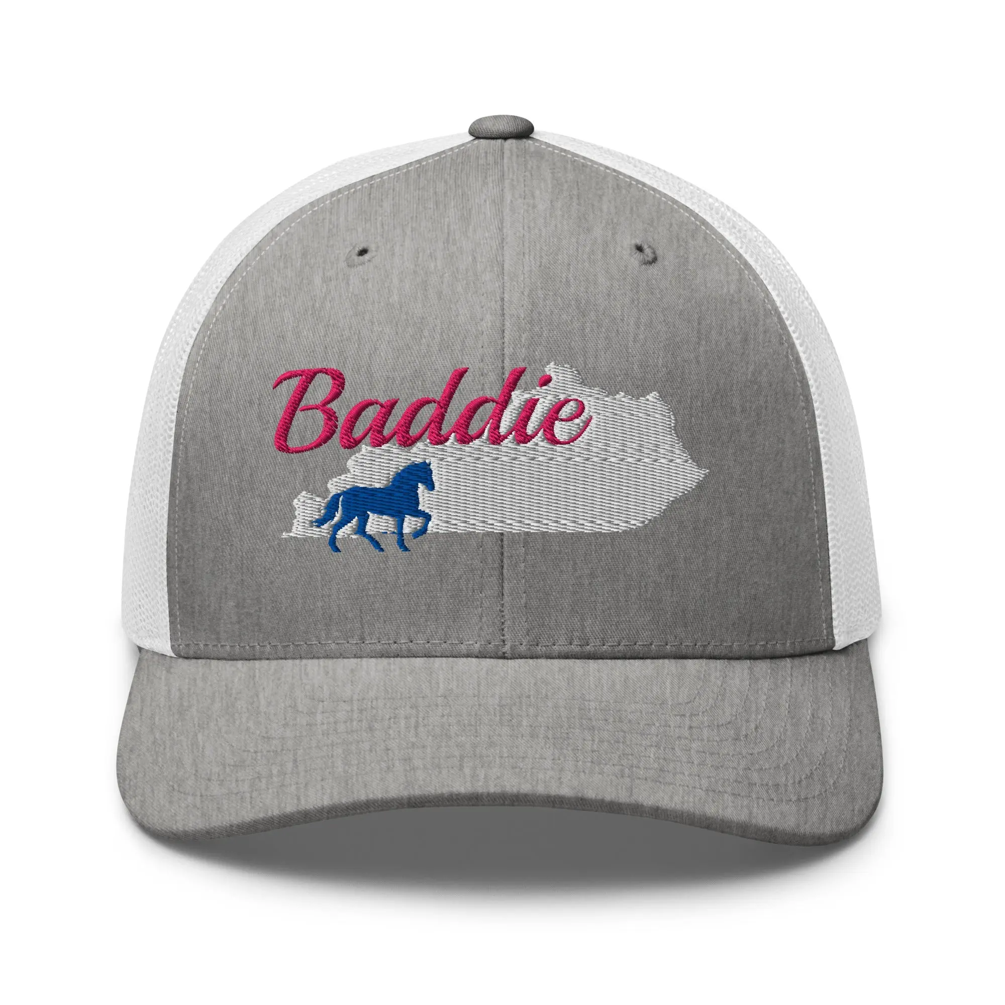 Women's Kentucky Baddie Trucker Cap - Adjustable Snapback, Pink Script Blue Horse Silhouette Design, Polyester Fashion Hat Accessory