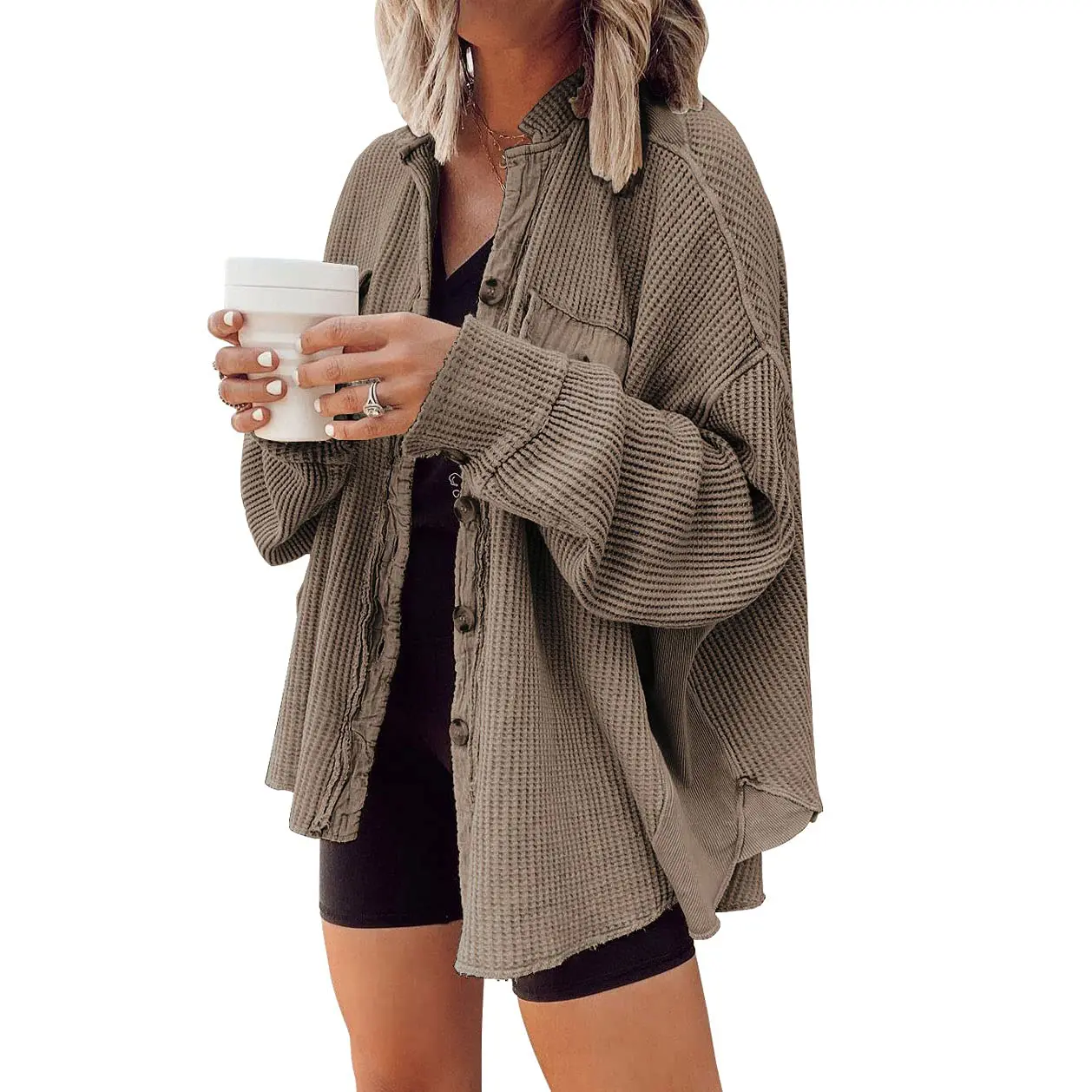 CHOUYATOU Women's Loose Fit Batwing Sleeve Waffle Knit Button Down Shacket Top - Women's Clothes, Outfits Suit for Casual Chic Office Wear in Spring Fall Winter, Tops For Women,back to school,back to school shopping