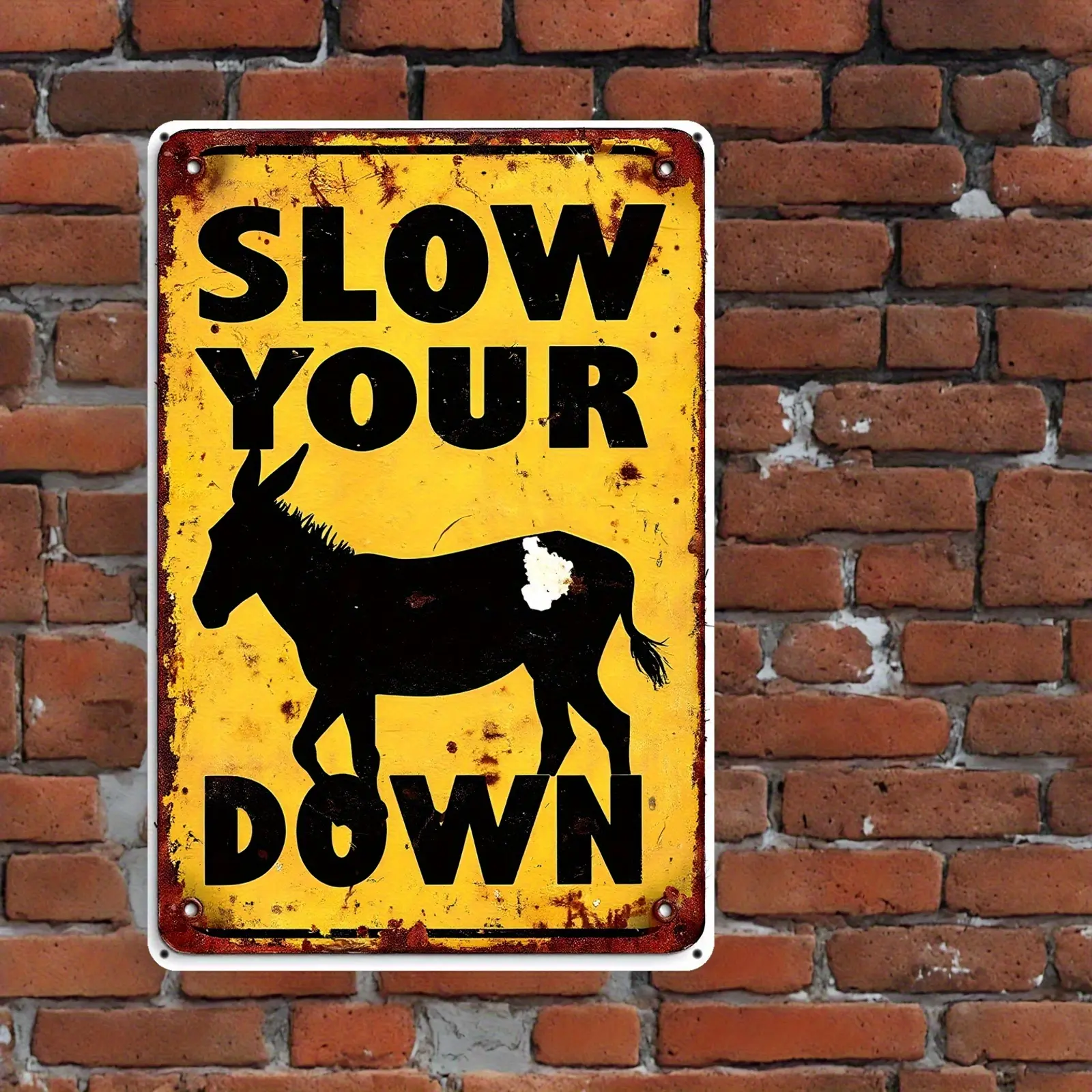 1pc Vintage Rustic "Slow Down" Donkey Aluminium Metal Tin Sign - 12x8 in Farm Animal Wall Decor, Yellow with Black Text & Donkey Silhouette, Ideal for Home & Dorm Room Decor, Home Supplies Plaque Gift