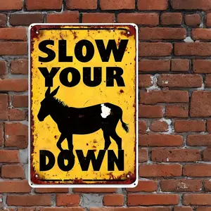 1pc Vintage Rustic "Slow Down" Donkey Metal Tin Sign - 12x8 in Aluminum Farm Animal Wall Decor, Yellow with Black Text & Donkey Silhouette, Perfect for Home & Dorm, Ideal Gift (Home Supplies Plaque)