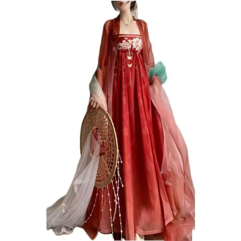 Hanfu Costume Set, Embroidered Chinese Style 3-Piece Chiffon Outfit with Coat and Long Sleeves for Photography & Cosplay, Fabric, Gowns, Clothes, Retro, Comfortable, Wrap Dress, Polyester, Traditional, Women, Holiday, Baptism, Wide