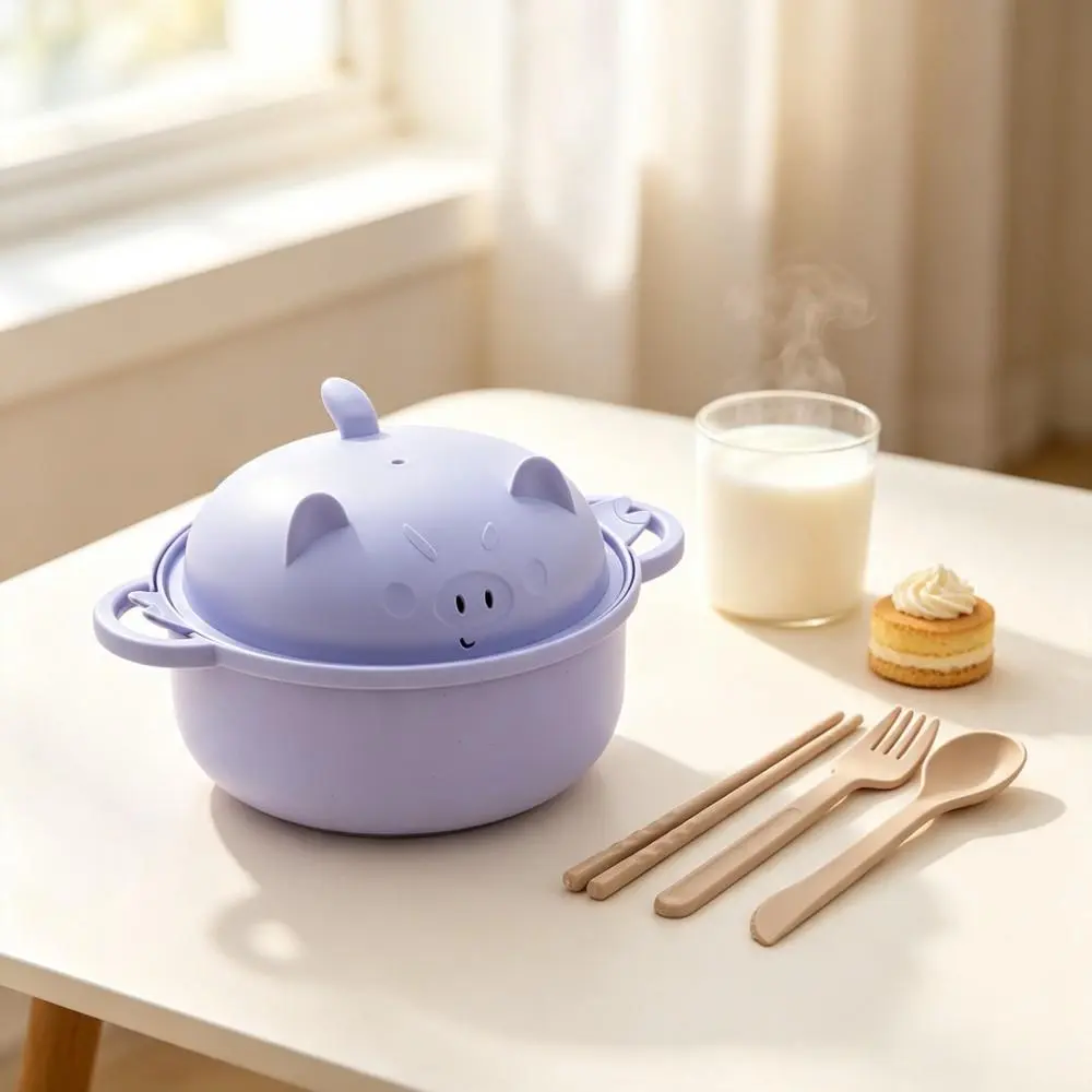 Non-Toxic BPA Free Wheat Straw Dining Bowl Set, Strainer Lid Design for Instant Noodle Daily Serving(Pig-Purple）
